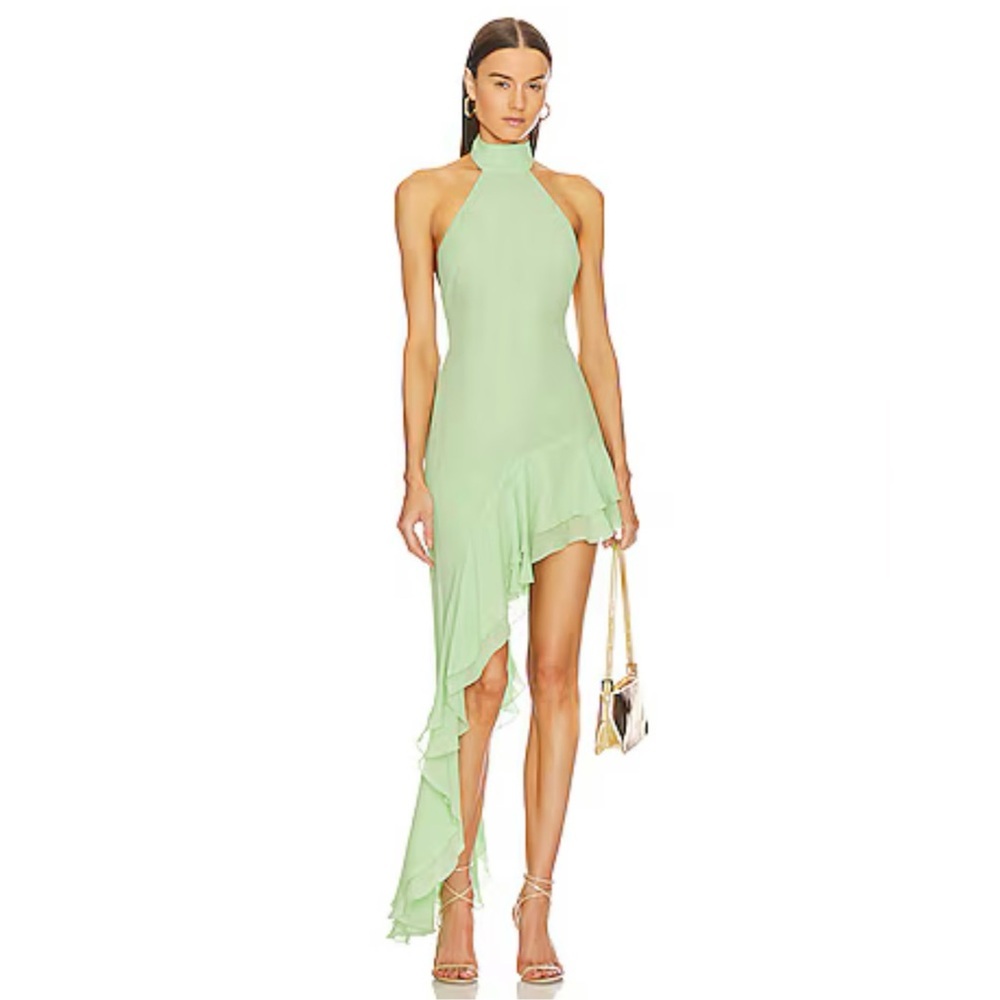 💚👗THE ANDAMANE Chiffon Silk Asymmetric Halter Dress Green NWT✨🌿